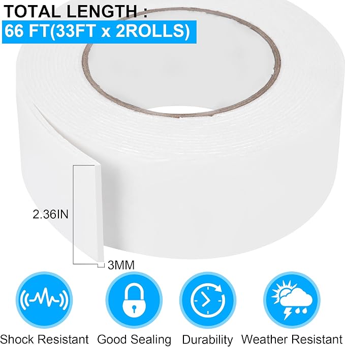 Double Sided Foam Tape 2.36In x 33FT 2 Pack, Mounting Tape Heavy Duty, Strong Adhesive Weatherproof Seal Strips for DIY Craft Picture Poster, Car & Gap Filling Mountings, Home Office Decor (White)