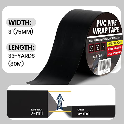 TAPEBEAR Corrosion Protection PVC Pipe Tape, 3Inch x 33Yard Black Duct Pipe Wrap Waterproof Corrugated Pipe Tape for Drain Tile, Metal Electrical Outdoor Underground Water Hose Pipe, 7mil Thick