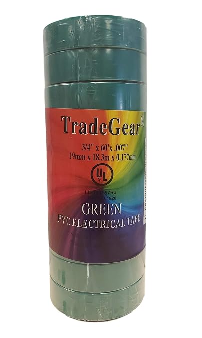 TradeGear Green 10 Pack - UL Listed Colored Electrical Tape, 60 ft x 3/4 in, 600V, Flame Retardant, Waterproof, Rubber Adhesive - Phase Marking, Wire ID, Automotive