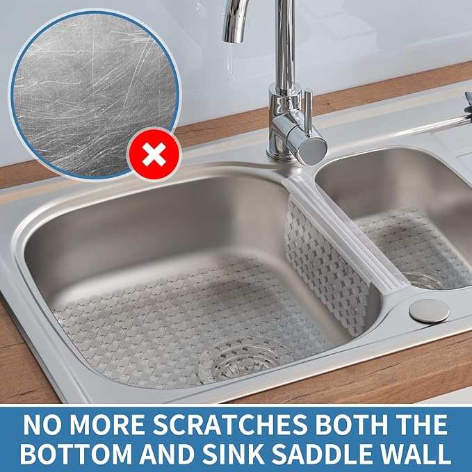 Bligli Plastic Sink Saddle, Sink Divider Mat with Strong Suction Cups, Kitchen Divided Sink Protector Mat for Glassware Dishes, Easy to Clean and No Smell, 9.5" x 12", Clear