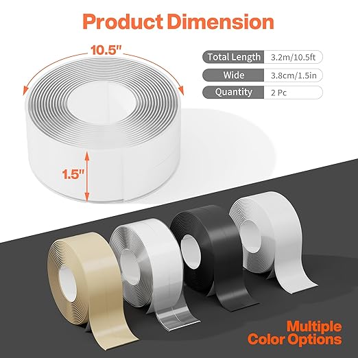 Dstorelhp 2 Rolls Clear Caulk Tape Waterproof Self Adhesive, Bathroom Peel and Stick Caulking Tape for Toilet Tub Shower Wall Trim, Easy to Install (1.5" x 10.5Ft)