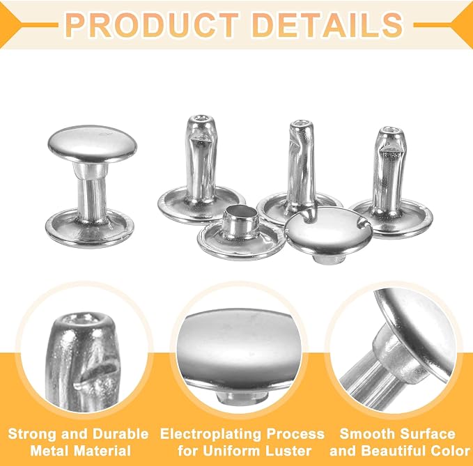uxcell 120Set Leather Rivets, 10mm Double Cap Rivet Tubular Metal Studs Repairs Decoration Craft Accessories for Repair Decorate Leather Craft Belt Bag Shoes Purse Belts, Silver