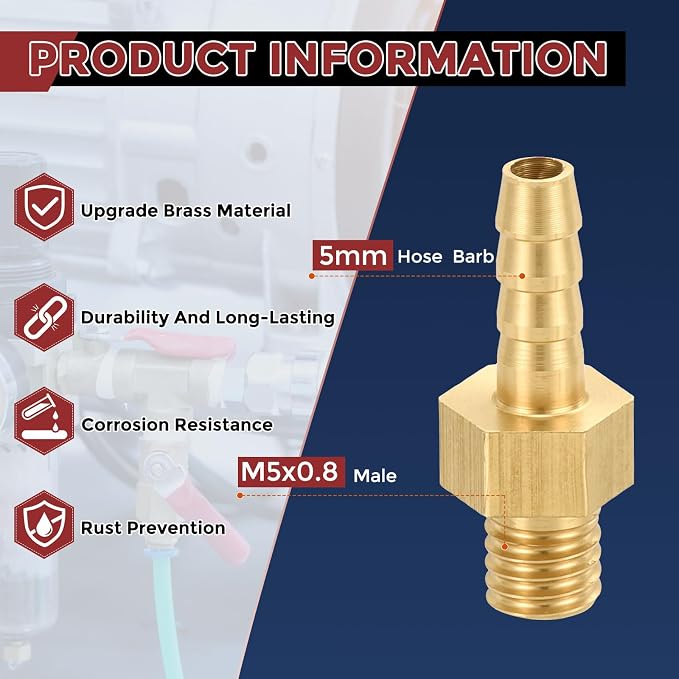 Pack of 10 Brass Hose Barb Fittings 3mm Hose Barb to M5x0.8 Male Fittings for Home Machines, Massage Bathtubs, and Irrigation Systems