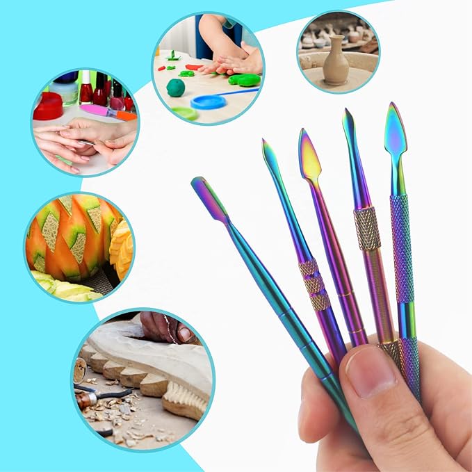 YETOOME 6 Pcs Wax Carving Tool Set with 5 ml Silicone Container and Portable Metal Case, Double-Ended Carving Tool Stainless Steel Wax Sculpting Tools for Wood, Wax, Clay, Pottery, Rainbow Color