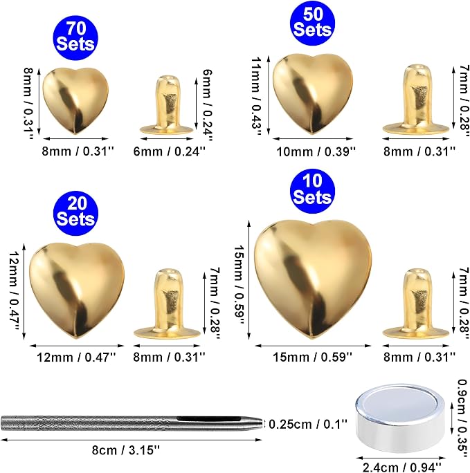 YORANYO 150 Sets Leather Rivets Kit Mixed Sizes Rivets for Leather Heart Studs for Clothing Fabric Gold Color Rivets with Leather Crafting Rivet Tool for Repair Decorate Jackets Shoes Bags Belts Purse
