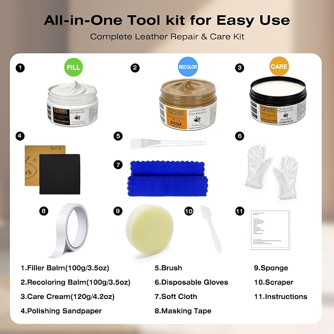 12H Quick-Dry Leather Repair Kit with 3.53Oz Leather Recoloring Balm, Filler & 4.23Oz Conditioner & Cleaner, 3-in-1 Vinyl Repair Set for Couch, Car Seat, Jacket, Shoes, Faux Leather, Beige