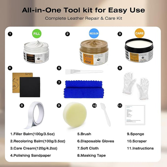 12H Quick-Dry Leather Repair Kit with 3.53Oz Leather Recoloring Balm, Filler & 4.23Oz Conditioner & Cleaner, 3-in-1 Vinyl Repair Set for Couch, Car Seat, Jacket, Shoes, Faux Leather, Beige