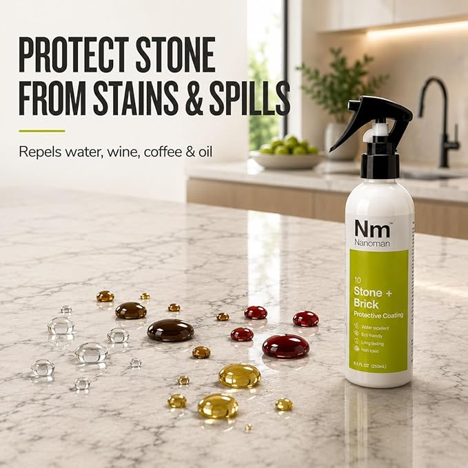 Nanoman Stone and Brick Sealer 8.4 fl oz; Marble Granite Quartz Stone Brick Concrete Grout Sealer and Protectant; Cleaner Sealant Protector & Care Spray for Kitchen and Bathroom Benches and Surfaces