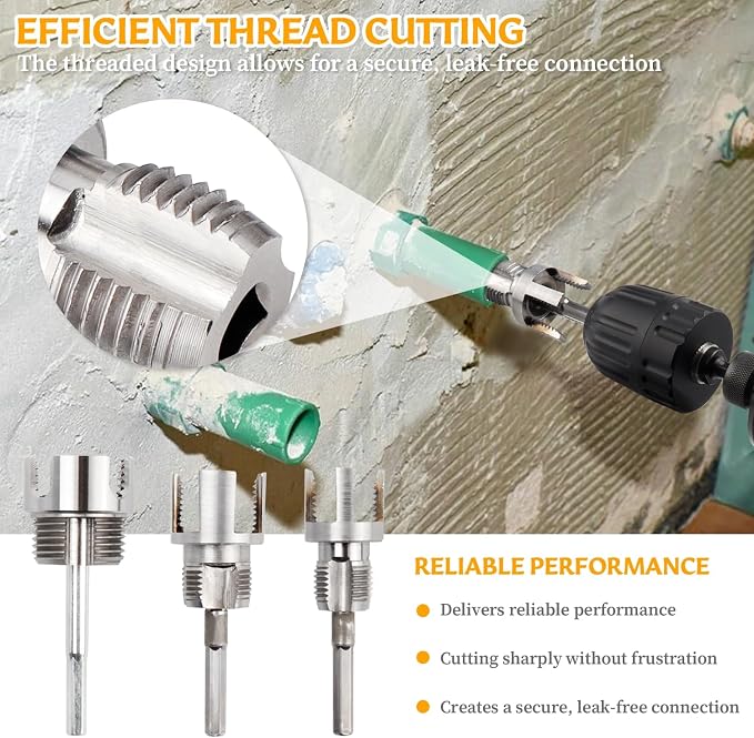 3Pcs Integrated Internal & External Pipe Threading Tool, Bestgle Dual-Function Pipe Thread Cutting Tool for 1/2" & 3/4"& 1" PVC/Plastic Pipes, Electric Drill Compatible Pipe Threader Kit