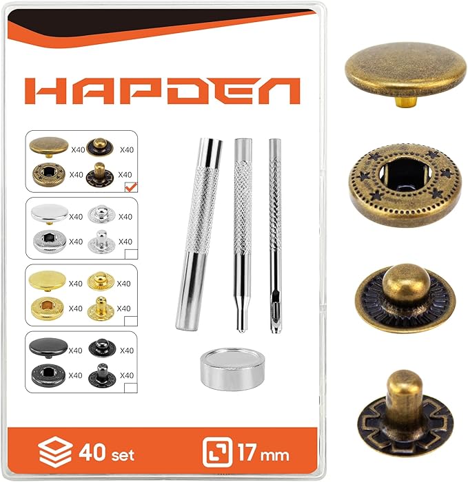 Leather Snaps and Fasteners Kit，17mm 40 Sets Metal Snap Buttons with Setter Tools， Sewing Snaps for Clothing，Fabric，Leather, Clothes, Jackets, Bags, DIY Crafting（Bronze）