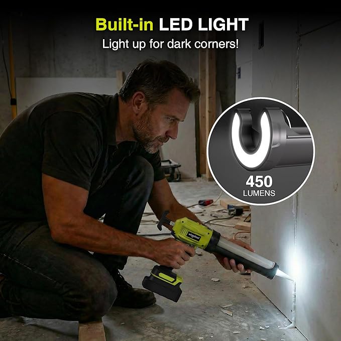 Professional Cordless Caulking Gun, Electric Sealant Gun with LED Light, 4-Speed Control, Anti-Drip, 10 Oz (300ml）Capacity, Compatible with DeWalt 20V Max Battery（Battery not included）