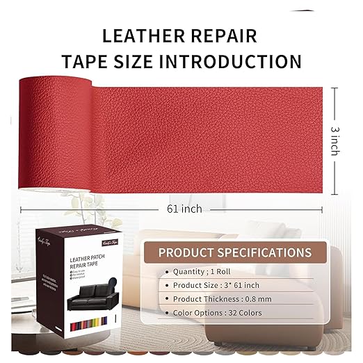 Leather Repair Patch Tape, Red 3 x 61 Inches Self Adhesive Leather Repair Kit for Furniture, Car Seat,Vinyl Leather Repair Kit for Office Chairs, Couch, Sofa, Luggage