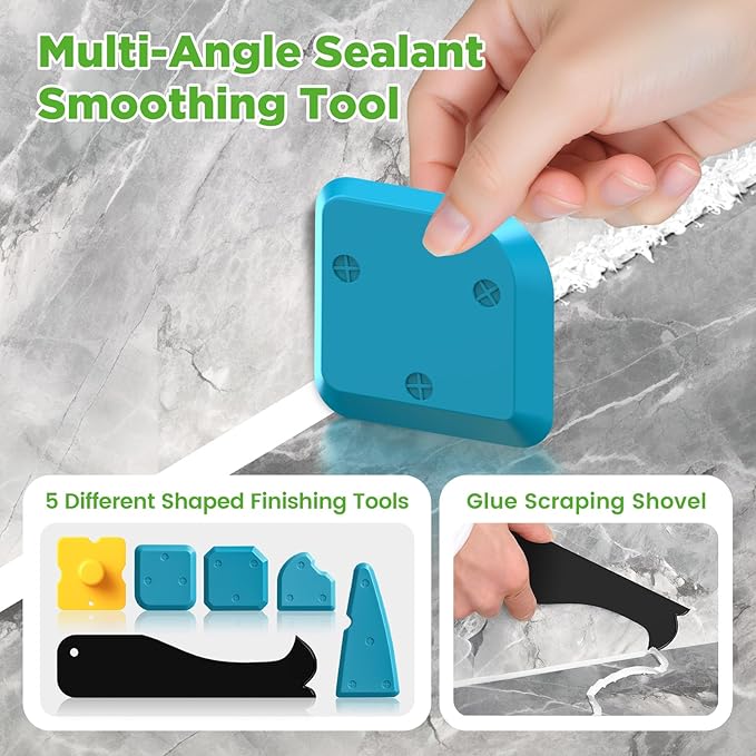 6 in 1 Silicone Caulking Tool Kit with Caulk Grout Remover Tool Sealant Finishing & Smoothing Tool, Grout Scraper, 6 Reusable Pads and Adhesive Residue Scraper for Kitchen Bathroom Tile Sink (Green)