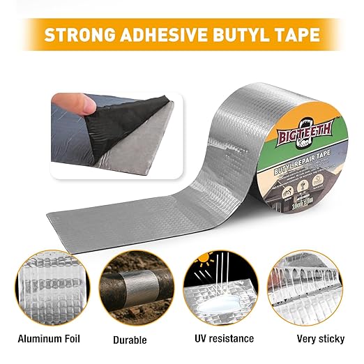 BIGTEETH Aluminum Butyl Repair Tape - 4 inch x 16 feet Waterproof Tape for Pipes, Doors, Windows, RV Roofs, Boats, Vents, etc
