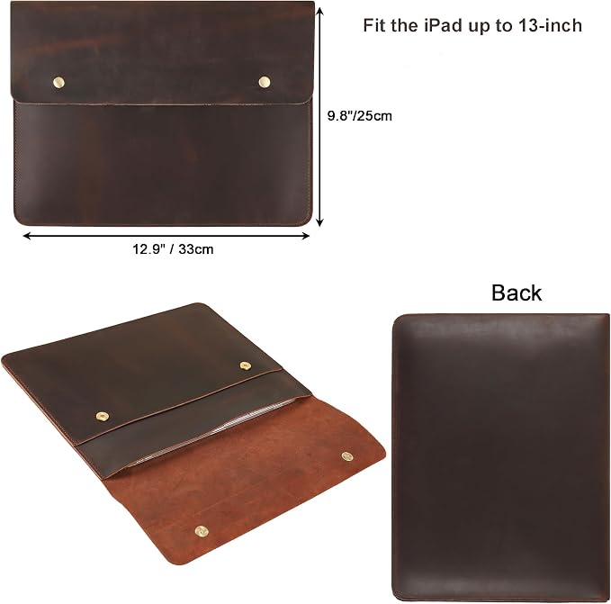 Leather Tablet Sleeve - 12.9 Inch iPad Sleeve, Document Holder Folio File Holder, Genuine Leather Case for Protection and Style-Dark Brown-Custom