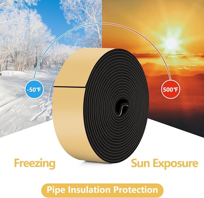 DEMEDO Pipe Insulation Tape, Pipe Wrap Insulation Foam Tape Self Adhesive, Outdoor Water Pipe Insulation Roll for HVAC, AC Line Insulation, 2 inch x 16.5 FT Heat Tape for Water Pipe, Black