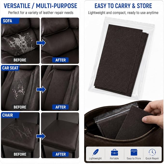 2PCS 8×4 Inch PU Leather Patch for Car Seat Repair, Self-Adhesive Leather Repair Patch Tape for Vinyl Leather Upholstery, Car Seat Furniture Repair Kit (Light Coffee)