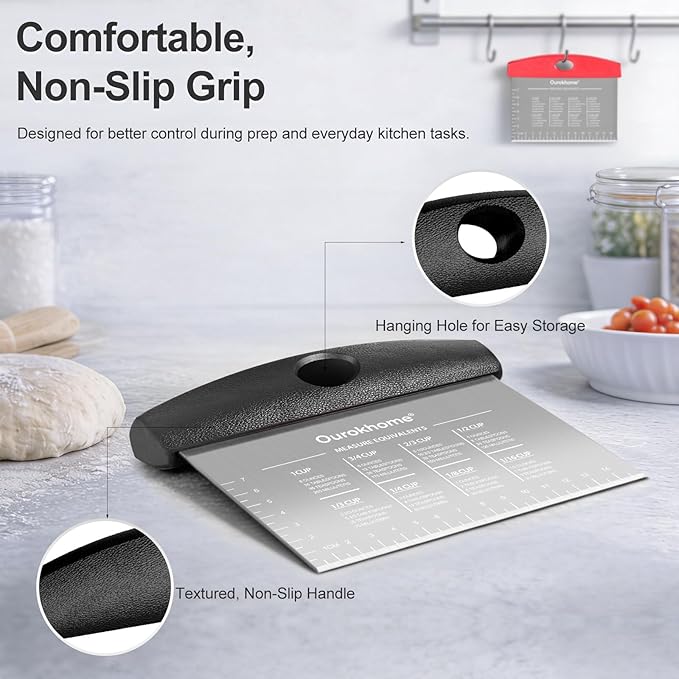 Ourokhome 2 Pack Bench Scraper Dough Cutter, Stainless Steel Dough Scraper with Laser-Etched Scale, Conversion Chart, Non-Slip Handle, Dishwasher Safe for Bread & Pastry, Black and Red