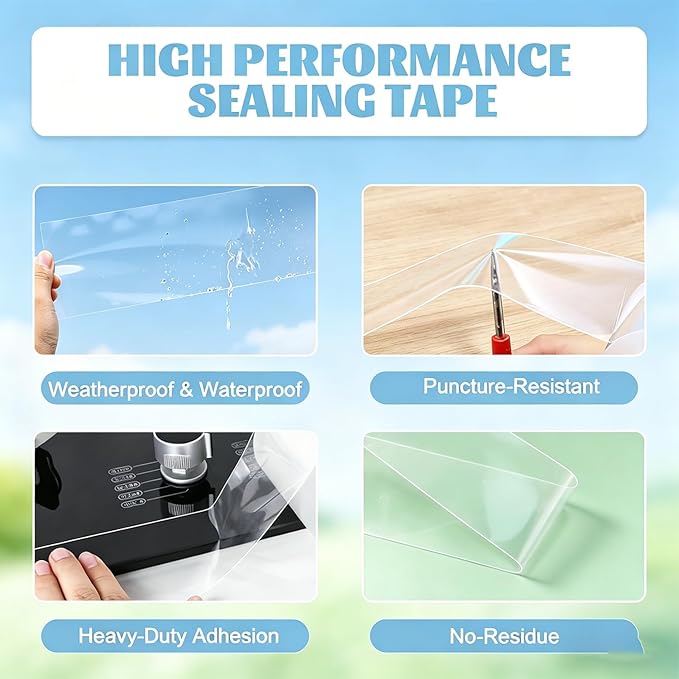 Window Sealing Tape 2 Inch x 33 FT Transparent Window Draft Insulation Residue-Free Clear Weather Stripping Caulk Tape Windproof Weatherproof Window Seal AC Units for Window Glass, Doors Gaps