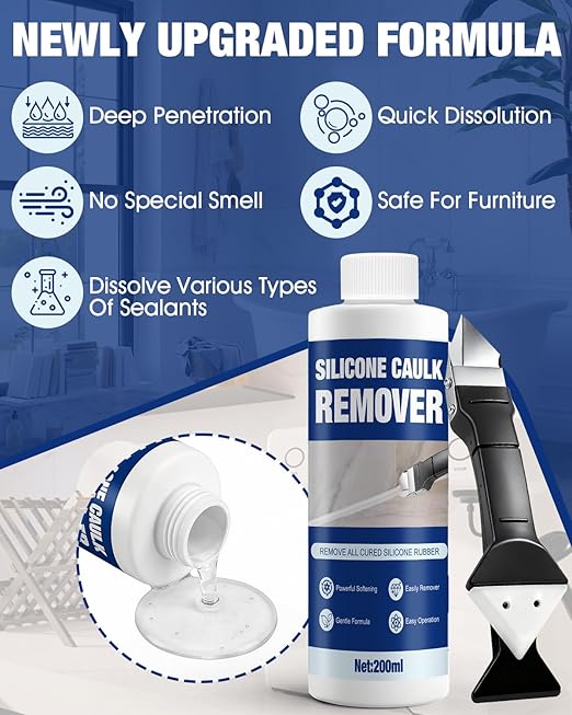 Caulk Remover, Silicone Caulk Remover, Stronger and Specialized Formula, Safer Around Family, with 3 in 1 Remove Scraper, Easily Remove from Surfaces Like Bathtubs, Showers, Windows, Kitchens, 200ml