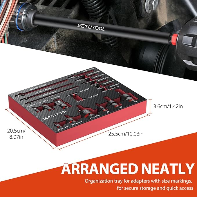 GETLITOOL 20Pcs Socket Adapter Set, Universal Joint Socket Set with Drive Adapters & Extension Bars, 42CRMO Steel, Rust-Resistant, EVA Foam Organizer for DIY, Automotive, and Repairs