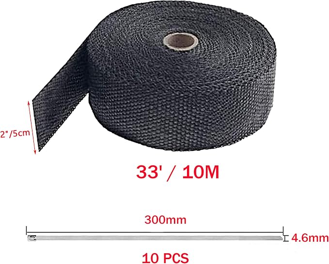 Deecam Exhaust Heat Wrap, 2'' x 33' Black Exhaust Header Wrap Tape Kits, Heat Wrap for Exhaust Pipes with 10 Stainless Steel Ties for Motorcycle Car Exhaust Engine