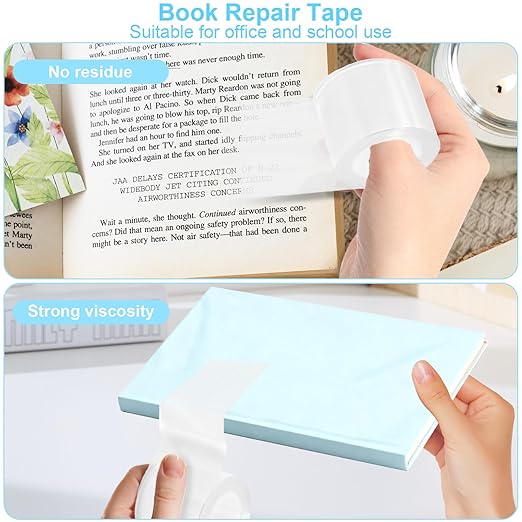 Engorgio 3Inch x 16.5Ft，Archival Safe Book Repair Tape 2pcs，Clear Strong Waterproof Adhesive，Old Books,Broken Pages，for Textbook Spine，Removable Book Binding Tape，Library Repair Supplies.