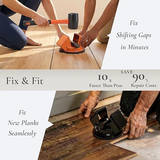 2026 Upgraded Floor Gap Fixer Tool, Heavy Duty Iron Dual 45°Striking Suction Cup for Vinyl Plank LVP, Laminate & Hardwood, 6pc Repair Set with Rubber Mallet & Gap Cleaning Knife (Black)