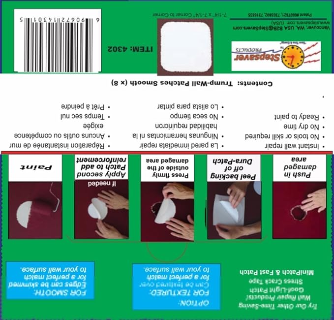 Stepsaver Products USA Made Self-Adhesive Trump Wall Repair Patch Kit Smooth (1) Pack with 8 Repair Patches for Door Knob Sized Holes and 8 Center Reinforcement Patches.