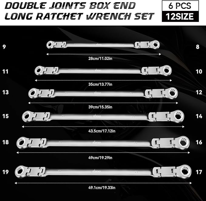 DISEN Double Jointed Extra Long Flex Head Ratchet Wrench Set, 6 PCS Metric 8-19mm Box End Ratcheting Wrench with a Magnetic Pickup Tool Kit, 72-Teeth, Cr-V Steel,12 Point Combination Wrench set
