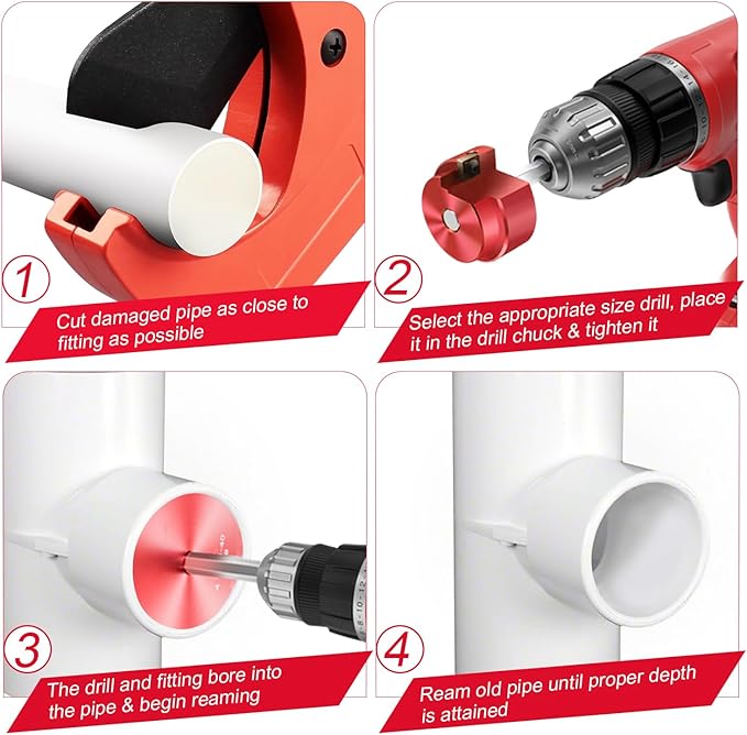 4-Piece PVC Pipe Reamer Kit for 1/2" Drills - 1-1/4",2",3",4” Inner Cutter Tool Reamer for PVC, CPVC, ABS, Conduit & Industrial Pipe, SCH40 Repairs, Pipes Fitting Saver