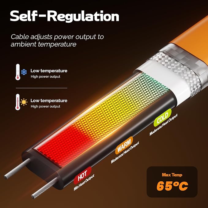 Heat Tape for Water Pipes with Thermostat, Anti-Freeze, Electric Heat Tape, Keeps Water Flowing at -22℉/-30℃, 25FT, Orange, Listed 120V
