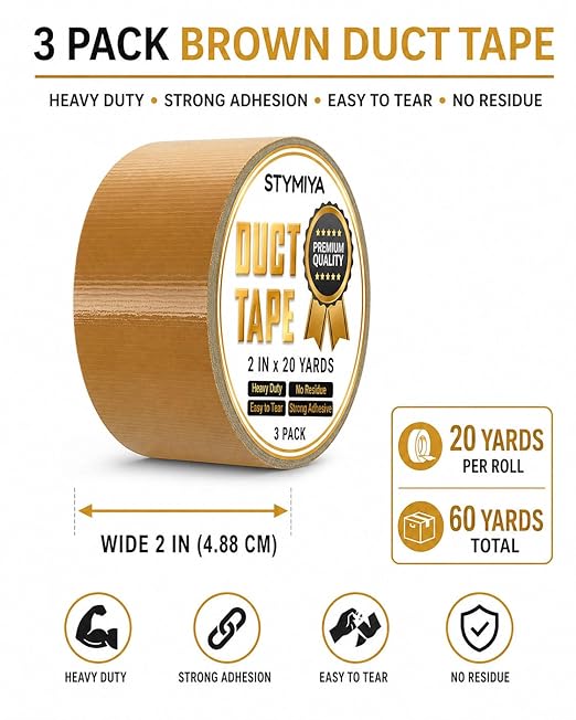 Brown Duct Tape Heavy Duty: Wide Waterproof Outdoor Duck Furniture Repair Tape Bulk - Strong Adhesive Weather UV Resistant No-Residue Masking Tapes Patterns Variety Pack (3, Brown)