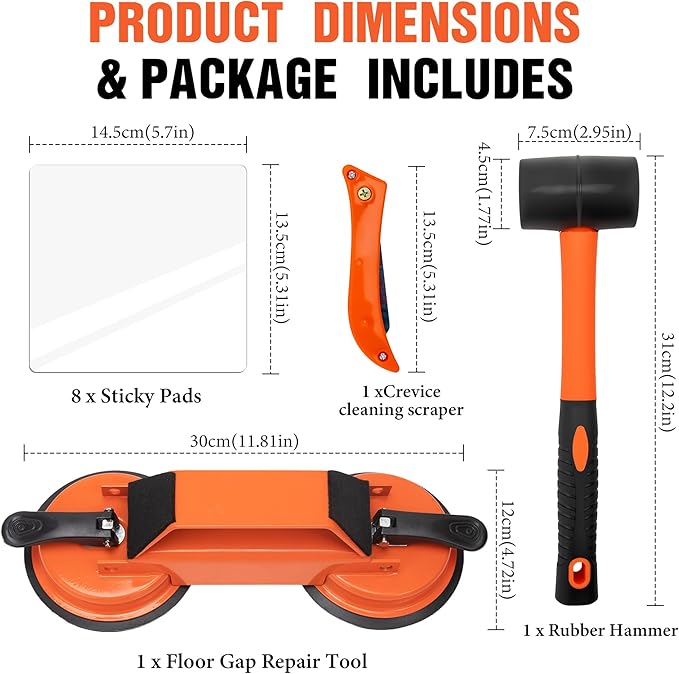 Floor Gap Fixer Tool – Heavy Duty 45° Striking Surface Floor Gap Repair Tool Enhanced Suction Cup with Slot Cutter, Hammer and 8pcs Sticky Pads for Fixer Laminate/Vinyl Flooring Tools