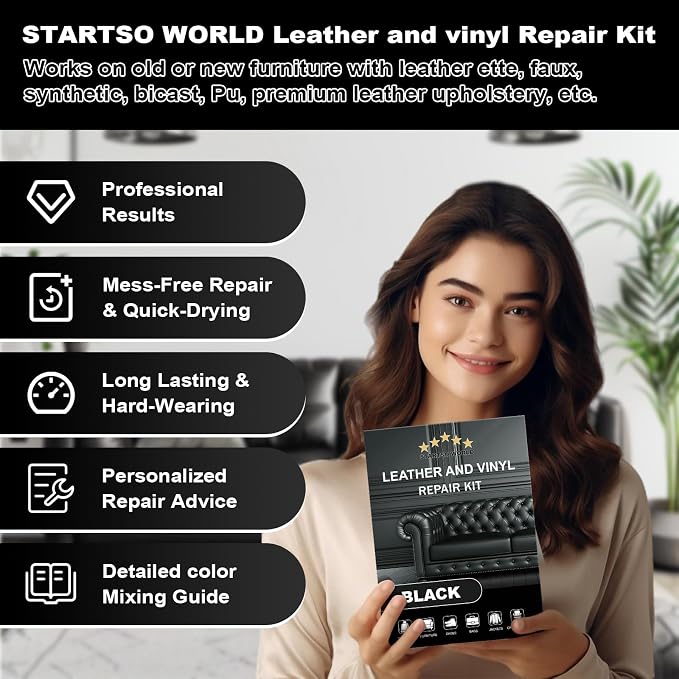 STARTSO WORLD Black Leather Repair Kit, Vinyl Repair kit for Car Interiors, Furniture, Couches, Car Seat, Sofa, Jacket and Purse, Restores Faux, Artificial, Genuine Pleather