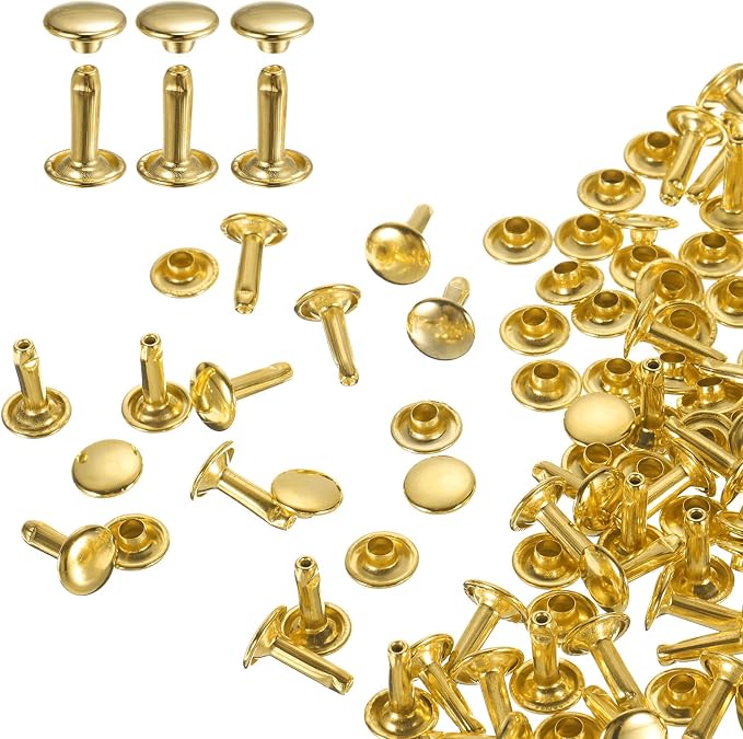 HARFINGTON 100 Sets Double Cap Leather Rivets, 9x12mm Round Cap Tubular Metal Studs Leather Crafting Rivets for Fabric Belt Pet Collar Boot Bag Repair and Decoration, Gold