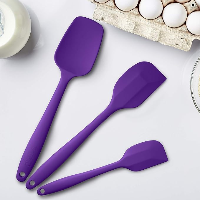 Silicone Spatula 3‑Piece Set Heat Resistant 600°F Non‑Stick Rubber Spatulas with Stainless Steel Core ALLWIN HOUSEWARE Large Spatula, Spoonula & Mini Spatula for Cooking & Baking, Purple