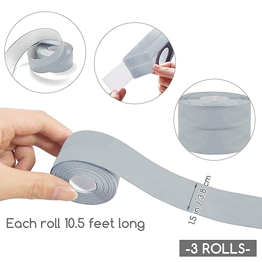 3 Rolls 1.5 Inch Caulk Tape Self Adhesive Toilet Caulking Strip Bathroom Sealing Caulk Strip Peel and Stick Bathtub Caulking Tape, 10.5 Feet Each Roll (Grey)