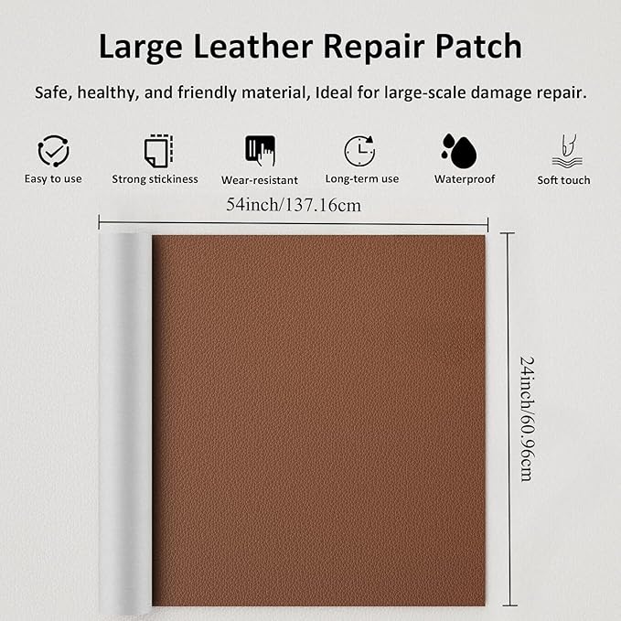 Hohylactic Leather Repair Patch 24x54 Inch, Self Adhesive Leather Repair Tape, Large Vinyl Repair Kit for Sofa Couch Furniture Car Seats, Strong Adhesion Waterproof Scratch Resistant Easy Cut (Brown)