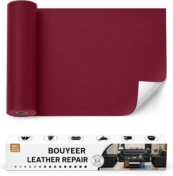 BOUYEER Leather Repair Patch Tape Kit,Self Adhesive Leather Repair for Sofa，Car Seat,Office Chair,Furniture,Jacket,Waterproof Strong Adhesive Vinyl Repair Kit. 17 in x 79 in,Wine red