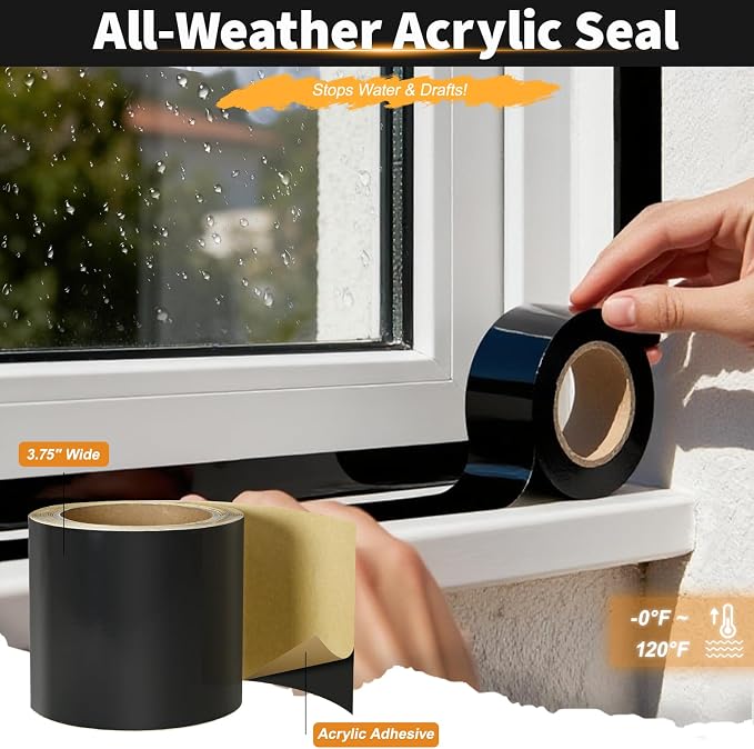 Flashing Tape for Windows and Doors, 3.75 in x 90 ft, 6 Rolls, Acrylic Adhesive, Self-Adhesive Flashing Tape, Waterproof, UV Resistant, Great for Sealing Doors, Windows, and Construction & Repairs