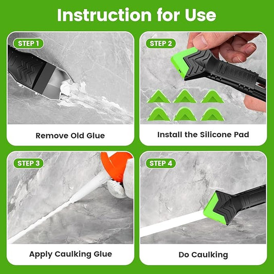 5-in-1 Silicone Caulking & Grout Tool Kit – Multi-Purpose Sealant Finisher with Grout Scraper, 6 Reusable Silicone Pads & Adhesive Removal for Kitchen, Bathroom & Window Seams