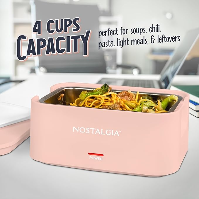 Nostalgia Portable Heated Lunch Box – 4-Cup Stainless Steel Food Warmer – Detachable Cord, Leak-Proof Lid, Carry Handle – Portable for Work & Travel – Cherry Blossom