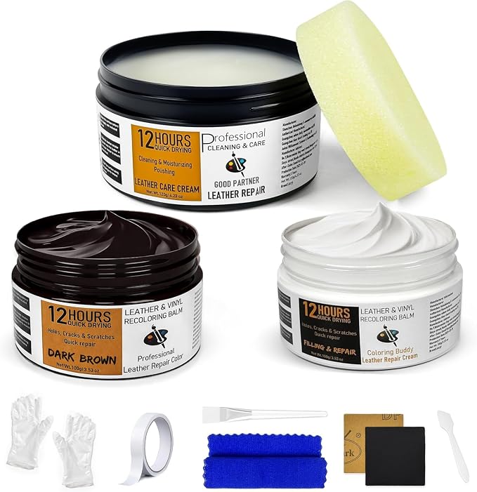 12H Quick-Dry Leather Repair Kit with 3.53Oz Dark Brown Leather Recoloring Balm, Filler & 4.23Oz Care Cream, 3-in-1 Vinyl Repair Set for Sofa, Car Seats, Jackets, Purses, Shoes, Faux Leather and More
