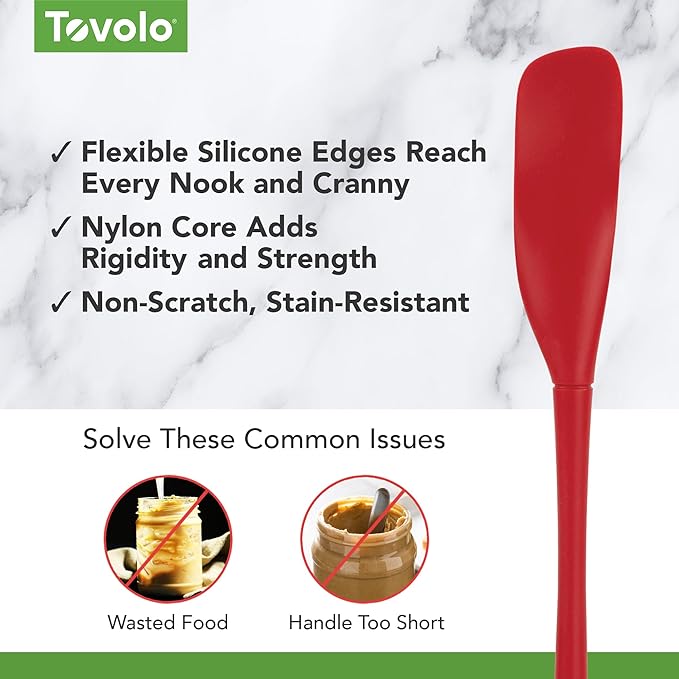 Tovolo Silicone Jar Spatula Long Handled Rubber Scraping Scooping Tool for Peanut Butter Jam Jelly Jars Blenders, Extra Long Flex Core Silicone Jar Scraper Dishwasher Safe BPA Free, Cayenne Red