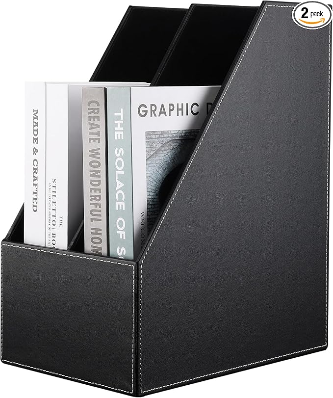 KINGFOM Wooden Leatherette Desktop File Folder Organizer and Document File Stand Journals Magazine Rack 2 Slots (black)