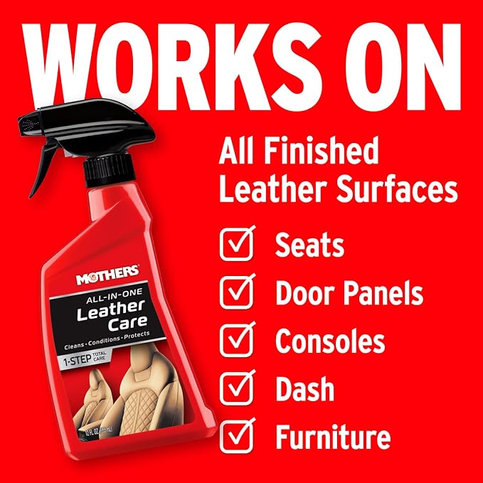 Mothers All-In-One Leather Care, 12 oz. — pH Balanced Formula Safely Deep Cleans, Conditions & Protects Leather with Aloe, Neatsfoot Oil & Lanolin to Restore Natural Oils Lost to Heat & Sun (06512)
