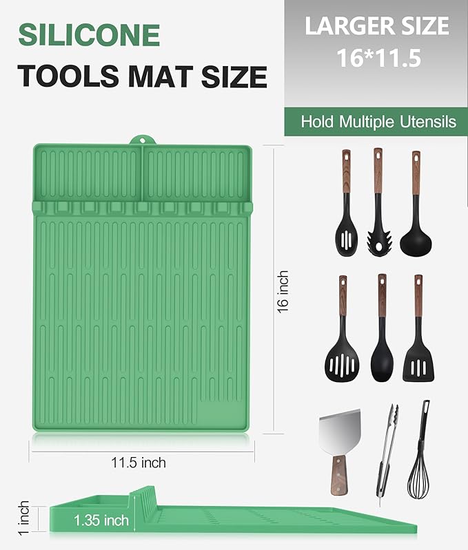 Silicone Grill Mat Compatible with Blackstone, BBQ Griddle Tools Mat with Drip Pad, Large Spatula Holder for Outdoor Kitchen Counter, Gifts for Men (Light Green)