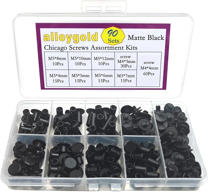 Matte Black Chicago Screws Leather Kit, 7 Sizes, 90 Sets | M5 X 4, 5, 6, 7, 8, 10, 12, Screw Rivets, For Crafts, Clothing, Shoes, Belts, Bags