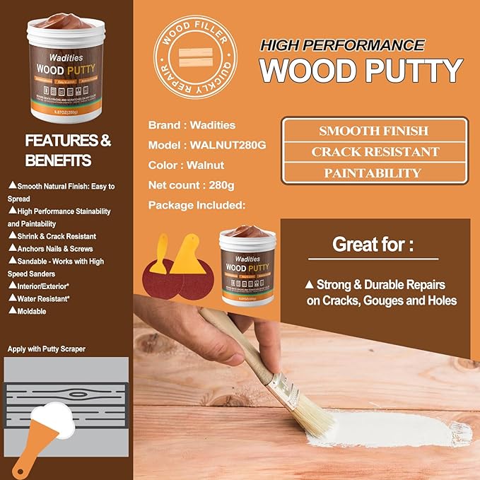 Wadities Walnut Wood Filler, Walnut Wood Putty, Paintable Stainable Wood Repair Putty, 9.87 Ounce Wood Furniture Repair kit, Quickly Repair Wood Cracks and Holes on Wooden Floor Furniture (Walnut)